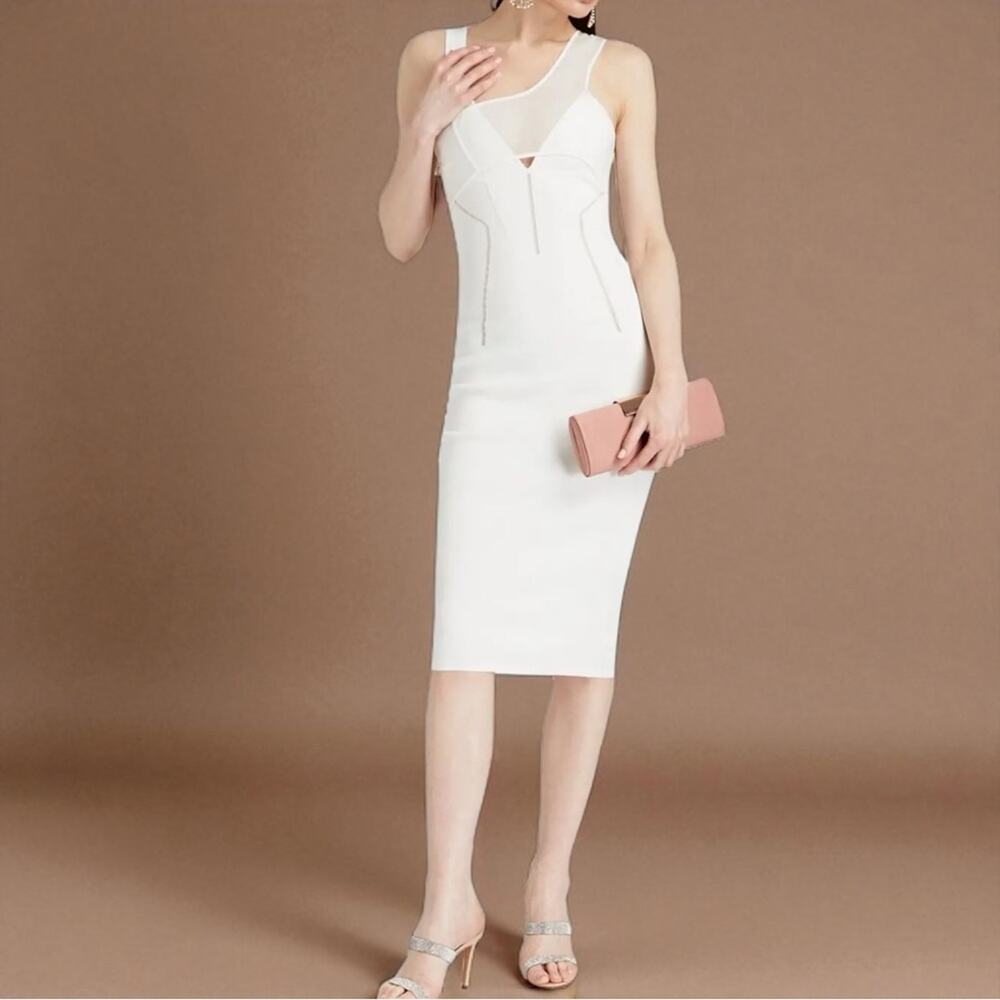 Herve Leger‎ x Law Roach Tulle Trimmed Stretch-Knit Midi Dress White Size XS